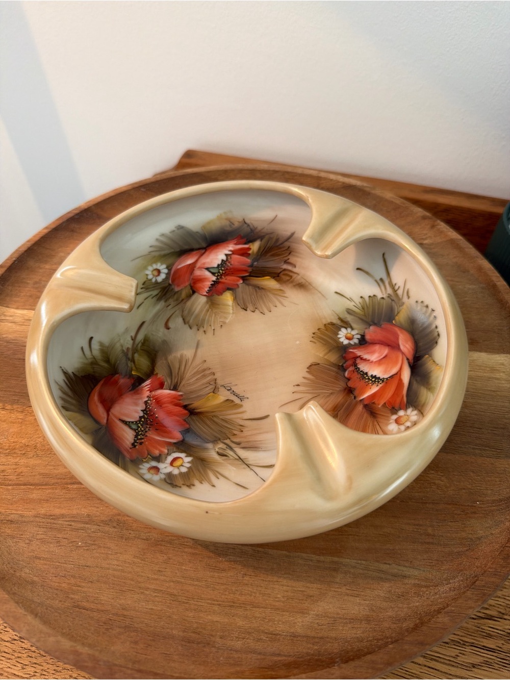 Vintage Marielli Signed Hand-Painted Floral Ashtray/Incense/Chopstick – 1970s